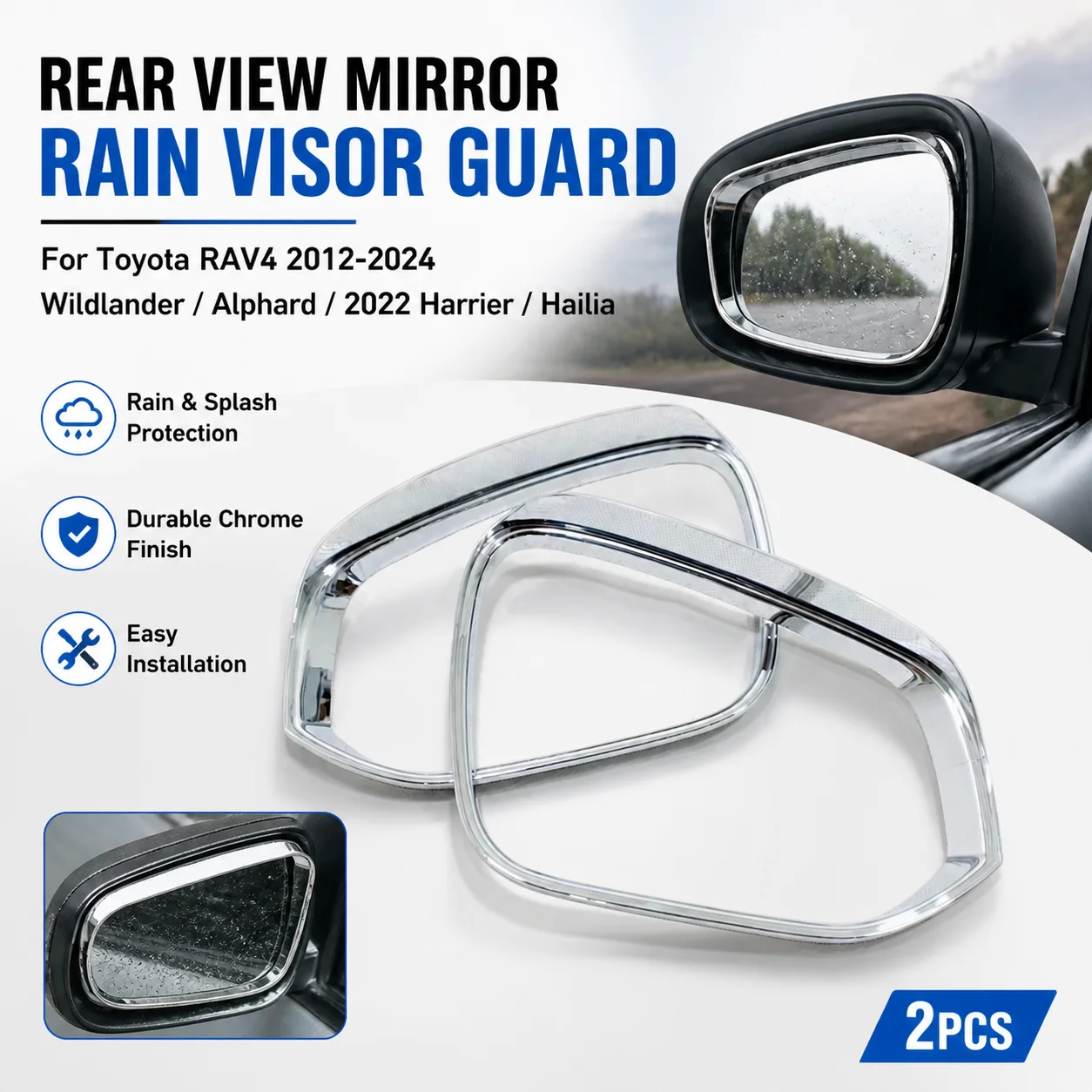 2x Chrome Plated Car Rear View Mirror Rain Visor Guard for Toyota RAV4 2012-2024, Wildlander, Alphard, 2022 Harrier, Hailia