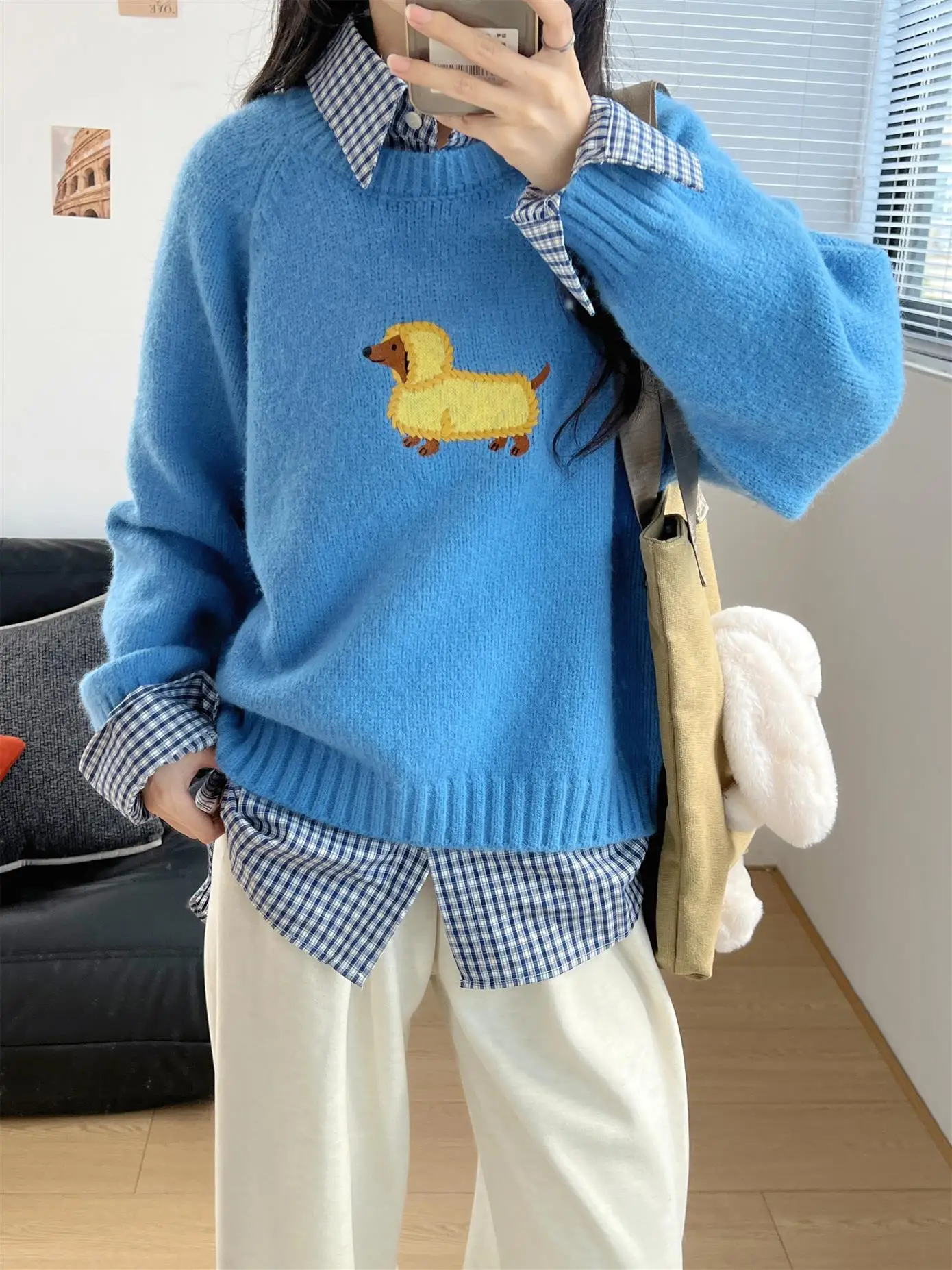 

Корейский свободный укороченный свитер для женщин, милый омолаживающий базовый топ, осенне-зимняя новинка, вязаная кофта с рисунком собаки