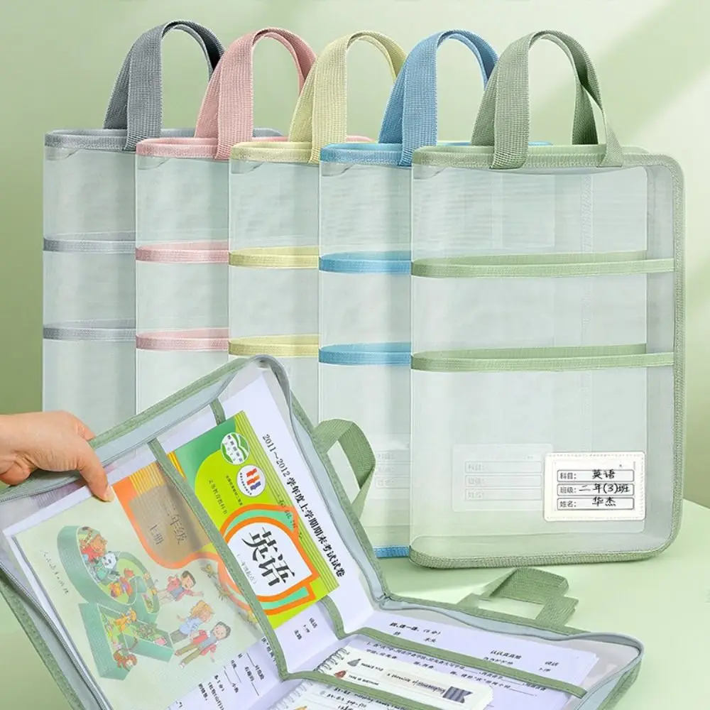 Large Capacity File Bag L-Shaped Horizontal Style Stationery Storage Bag Waterproof Opening Mesh Mesh Zipper Bag Office Supplies