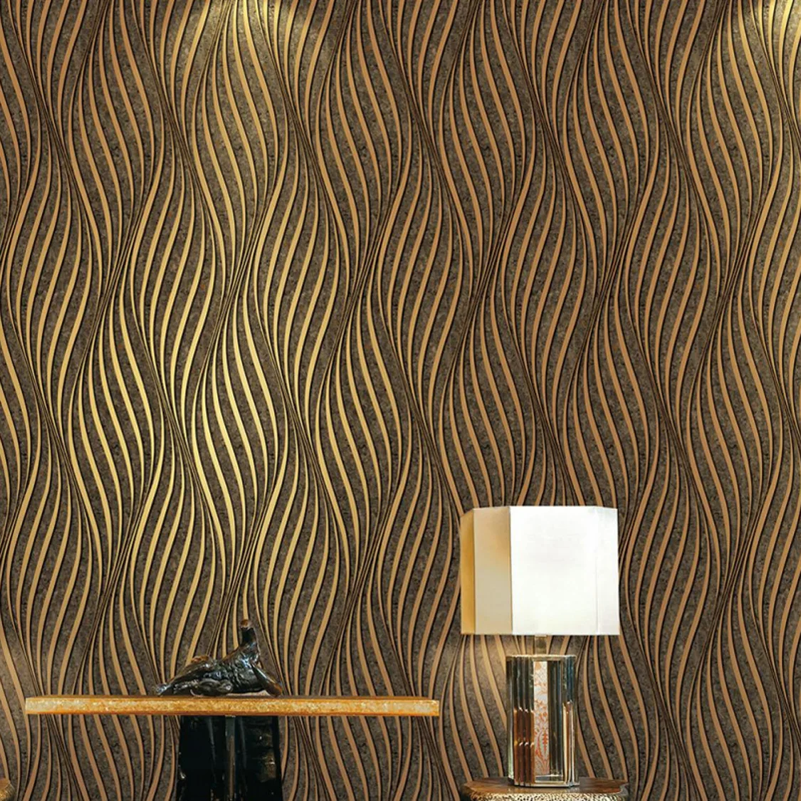 Gold Foil Process Wallpaper European Curved Stripe Design for Hotel Living Room TV Background Wall Adhesive Included