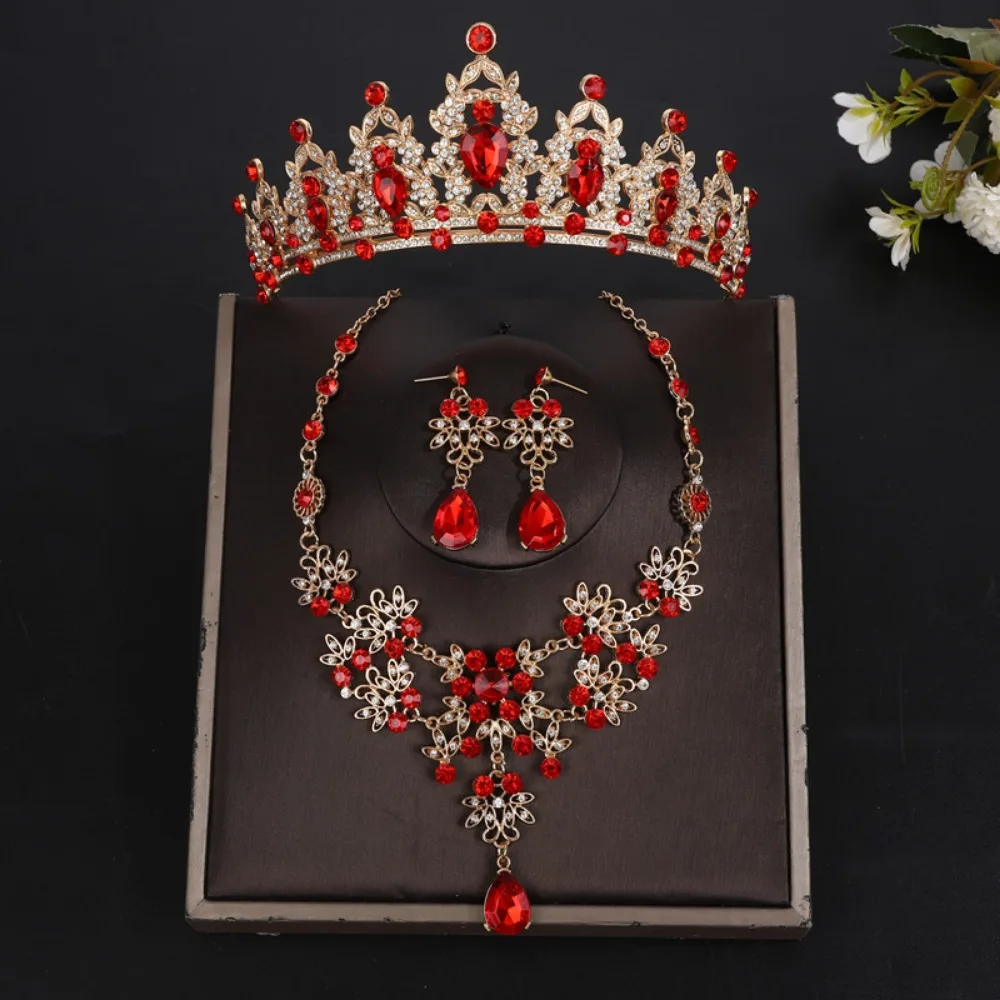 

Baroque Style Tiara Earrings Necklace Shiny Luxury Rhinestone Bridal Crown Comfortable To Wear Widely Use Crystal Headdress