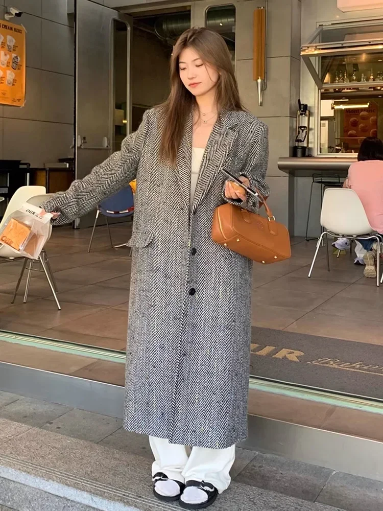 New Woolen overcoat Elegant Herringbone Thick 2024 Autumn Winter Lady Outwear Female Fashion Retro Coats For Women 한국인 리뷰 많은 옷