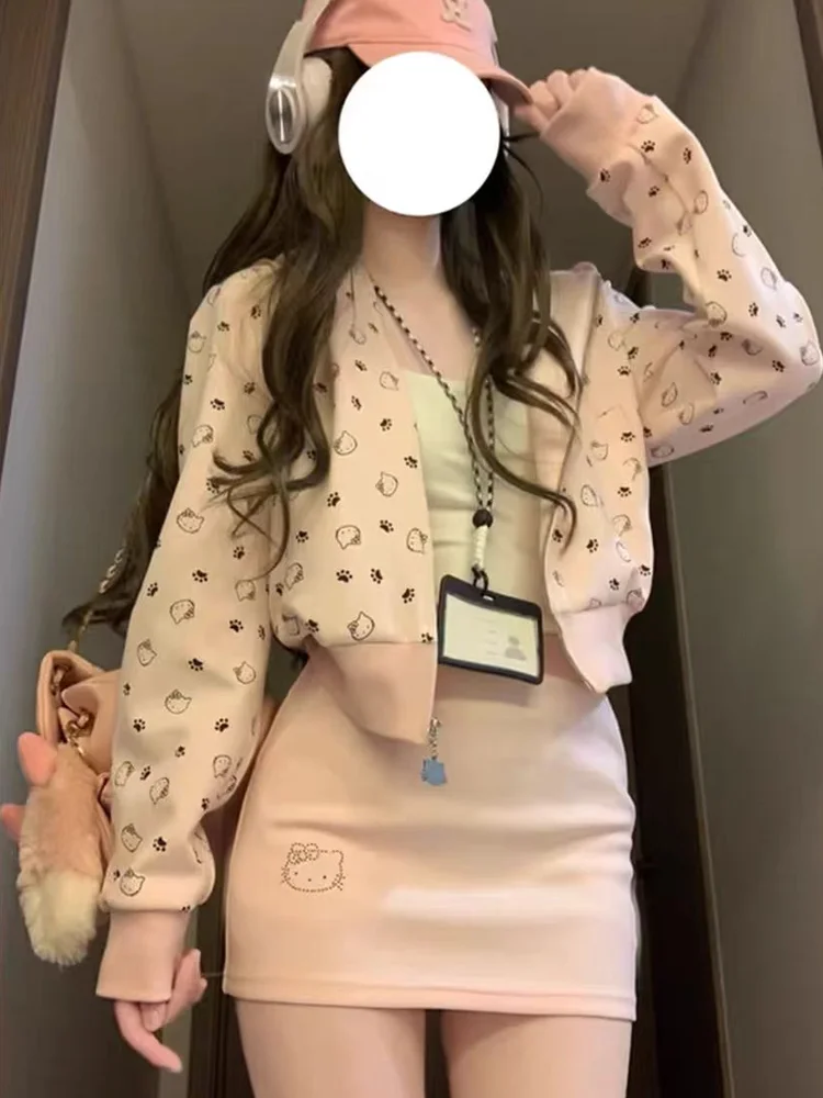 

Ear Hoodie Short Jacket Women's Fashion Set High Waist Short Skirt Casual Style Autumn Winter Outfit Zipper Loose Fit