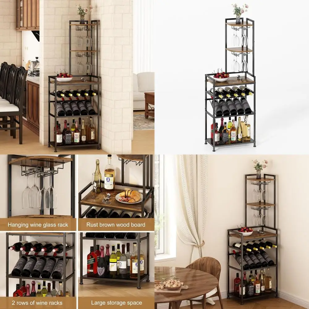 

Напольная винная полка с 6 полками и держателем для стекла для домашнего бара и гостиной