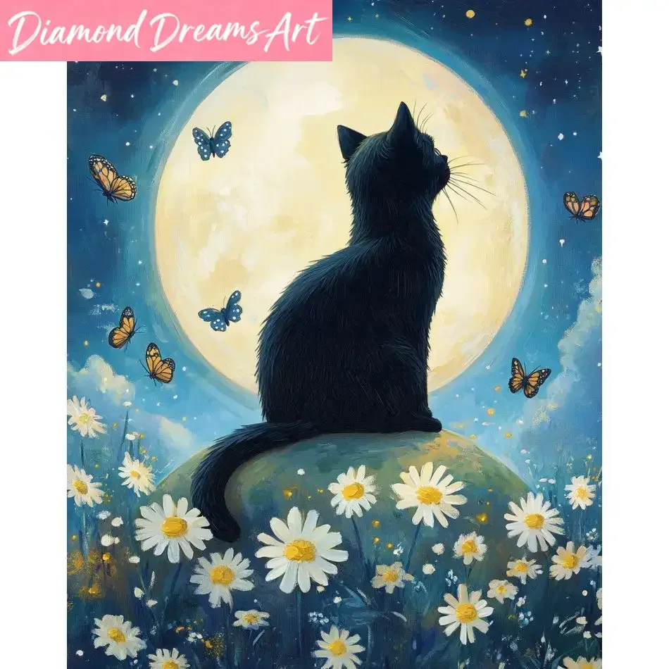 Frameless, Flower Black Cat Diamond Painting Kit Art Supplies Artwork Animal Full Round Diamond Art Handiwork Art Art Supplies