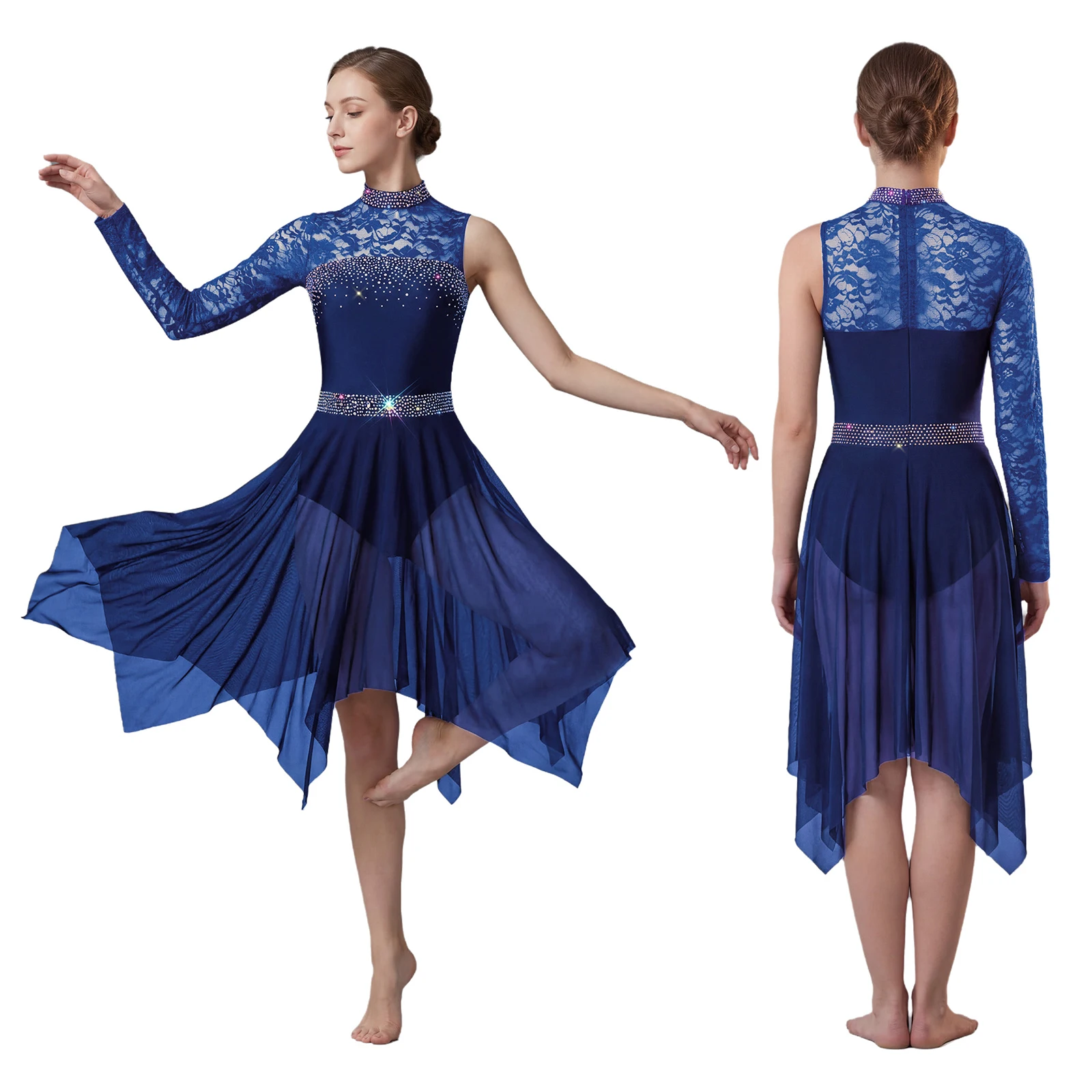 Women Lyrical Figure Skating Dance Dress Rhinestones Ballet Waltz Contemporary Dancewear Floral Lace Long Sleeve Mesh Leotard