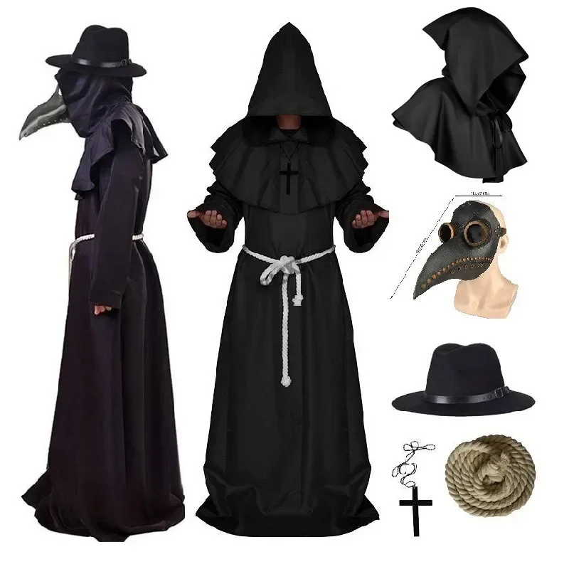 New Plague Doctor Cosplay Costume Medieval Hooded Robe Steampunk Terror Mask Hat Adult Halloween Party Role Play Size S-XL