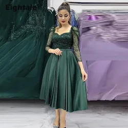 Eightale Dark Green Evening Dress Satin Long Sleeves Customized Sequin Beaded Prom Gown Wedding Party Dress Vestidos De Noch