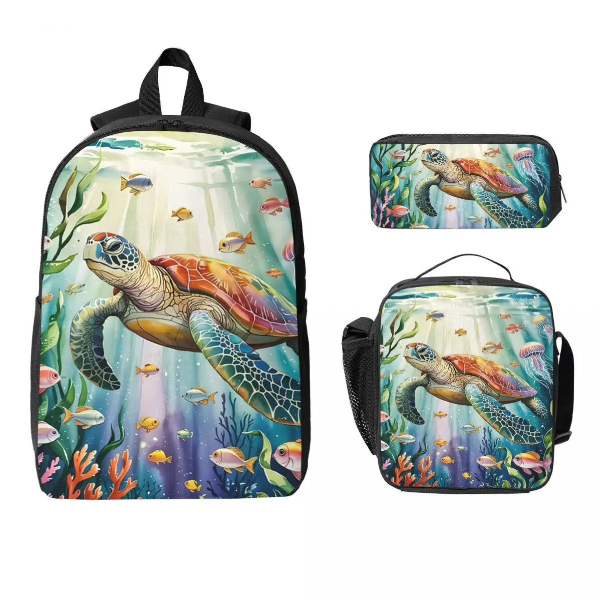 Turtle And Waterweed Watercolor Art Backpack Kids BookBag School Bag Computer Shoulder Bags 3ps Insulated Lunch Bag Pencil Case