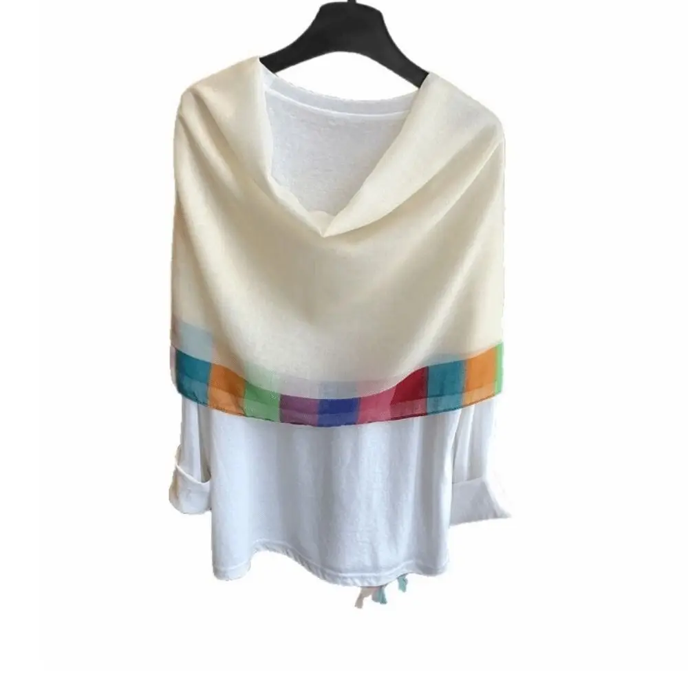 New Rainbow Border Gauze Shawl Soft Draped Tassel Edge Beach Scarf Lightweight Colorful Trim Tassel Shawl Women Fashion