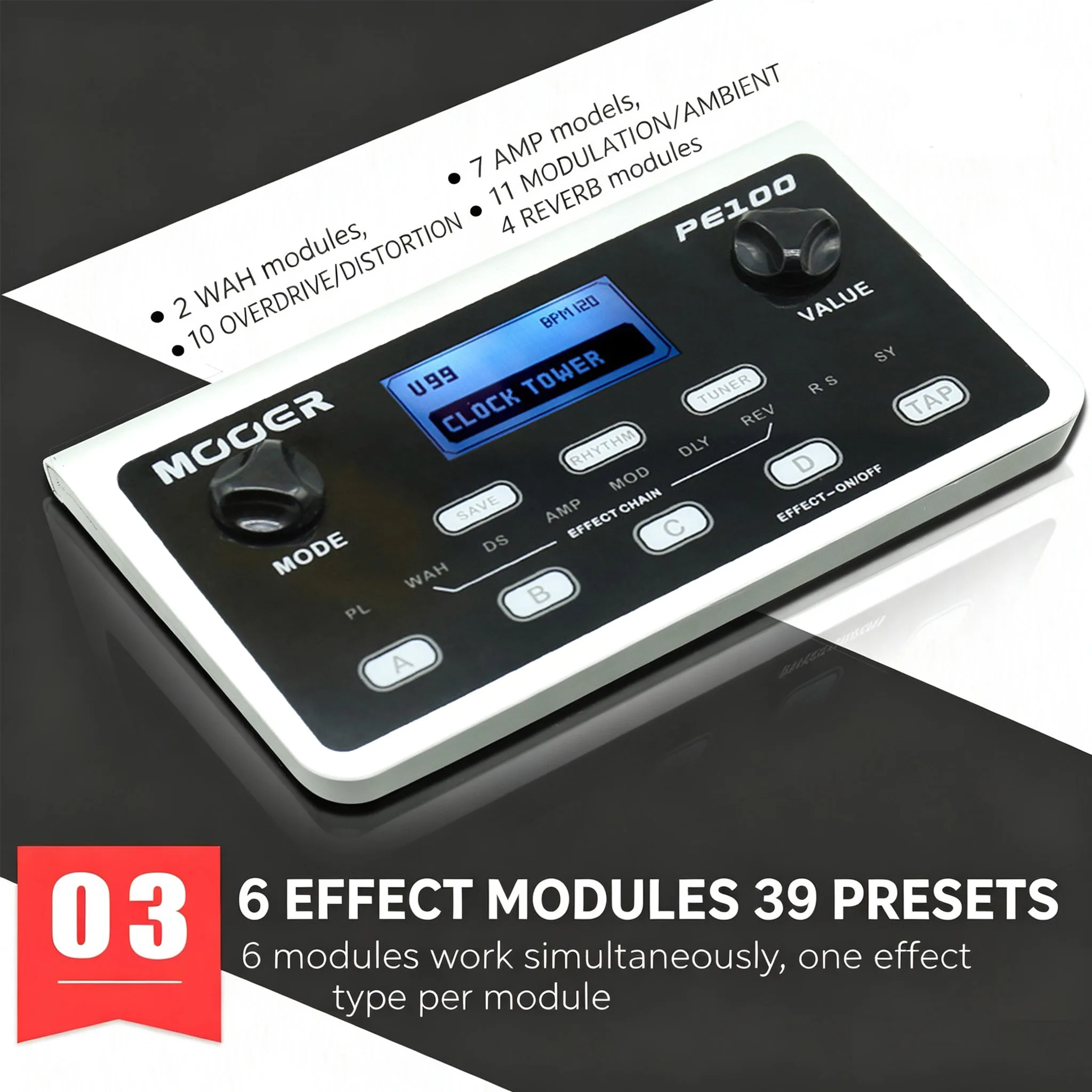 MOOER PE100 Guitar Multi-Effects Pedal – 6 Effect Modules, 39 Types, 40 Drum Rhythms, 99 User Presets, Compact Desktop Design
