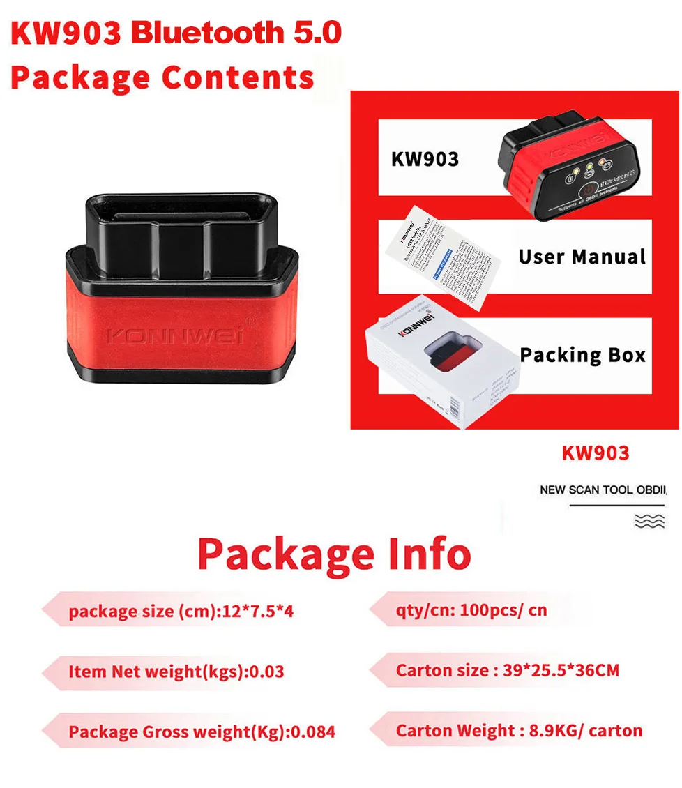 Konnwei KW903 for Bluetooth 5.0 ELM327 Car OBD2 Diagnostic Scanner Factory Car Fault Code Reader for All Cars 2 Year Warranty