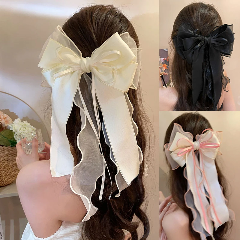 Pink Mesh Big Bow Hair Clip For Women Simple Ribbon Girls Elegant Spring Clip Korean Style Cute Bowknot Ponytail Clip Headwear