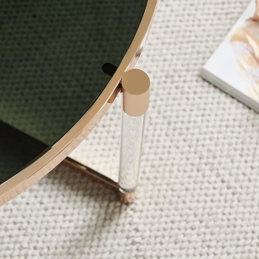 Modern Clear Acrylic Coffee Table with Black Glass Surface and Glossy Gold Frame