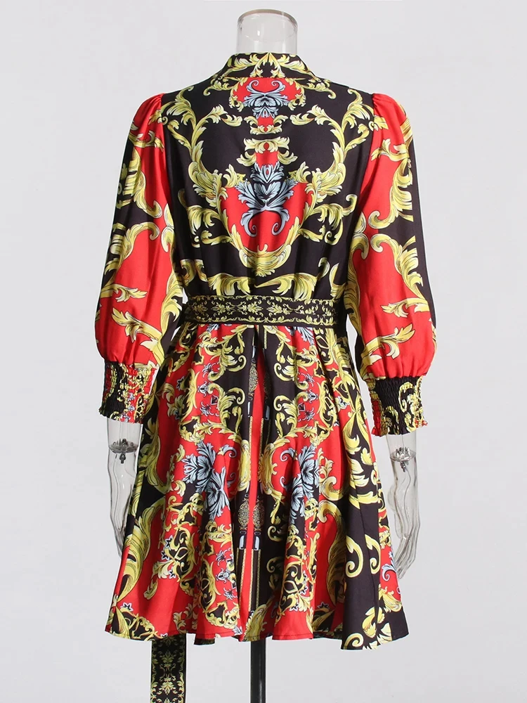 CHICEVER-minivestido con estampado Vintage para mujer, ropa elegante con cuello en V, manga farol, cintura alta, Patchwork, con cordones, nuevo