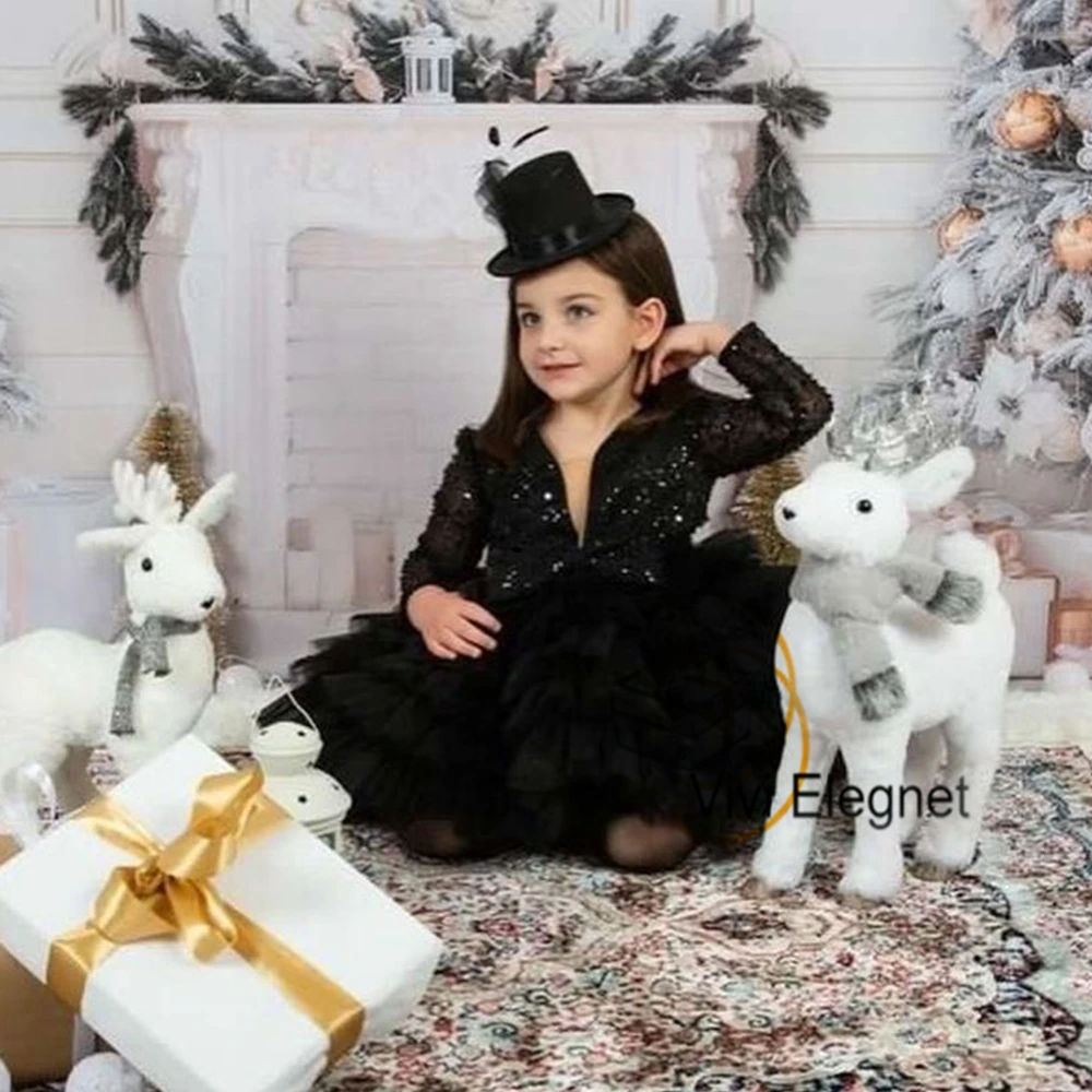 Black Full SLeeve Flower Girl Dresses for Princess 2023 New Tiered Summer V Neck Wedding Party Gowns Cute فساتين اطفال للعيد