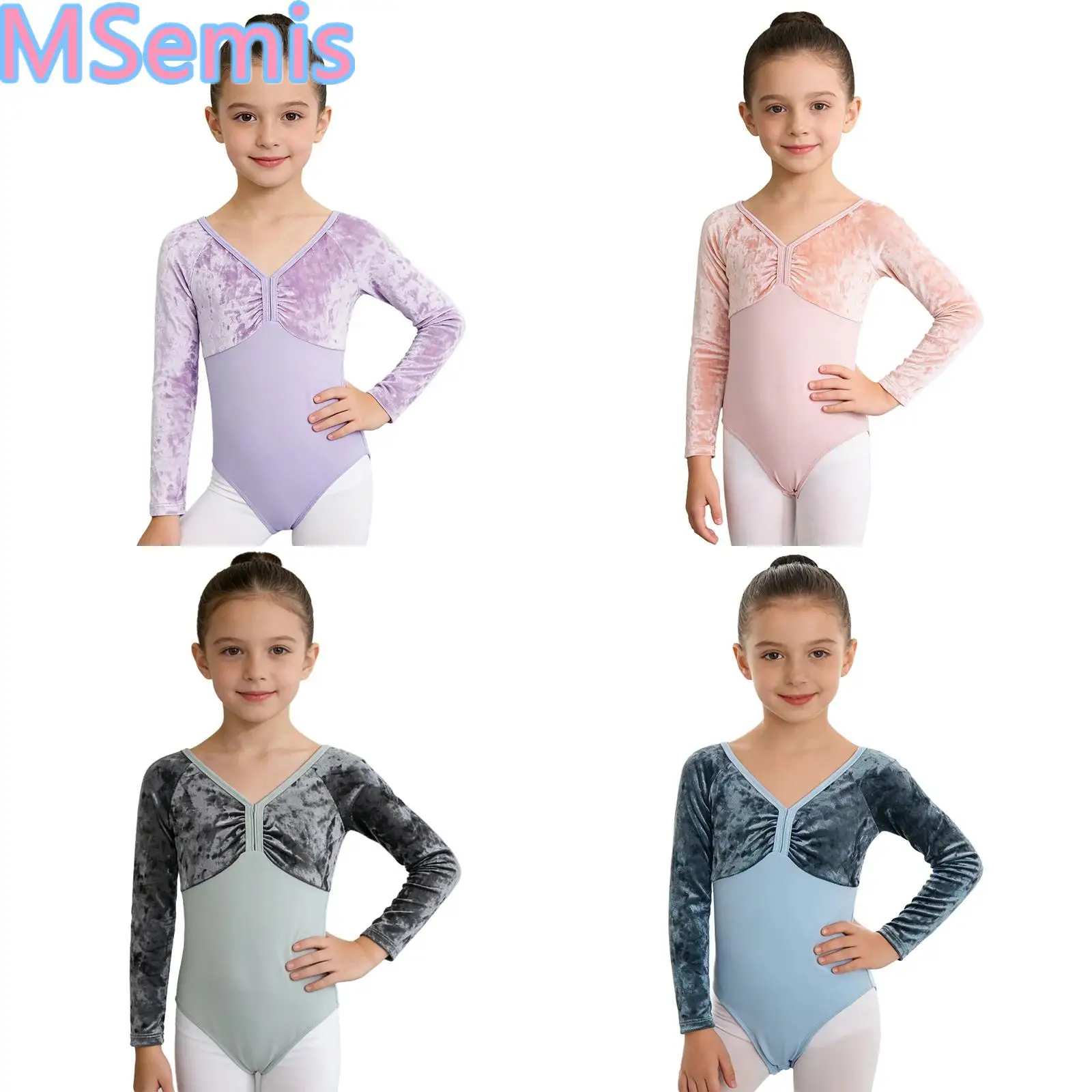 Kids Girls Velvet Ballet Dance Leotard Long Sleeve Ruched V-Neck Solid Color Patchwork Gymnastics Dance Bodysuit