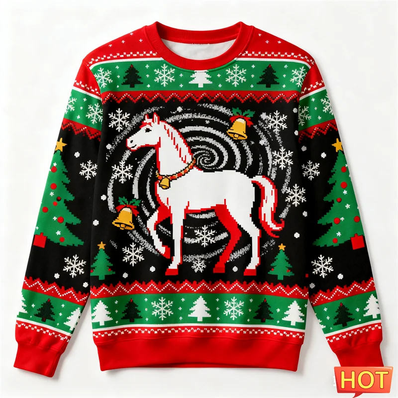 

2026 New Fashion Horse Graphic Ugly Christmas Sweater Trendy Streetwear 3D Printed Xmas Sweatshirts Loose Breathable Pullovers