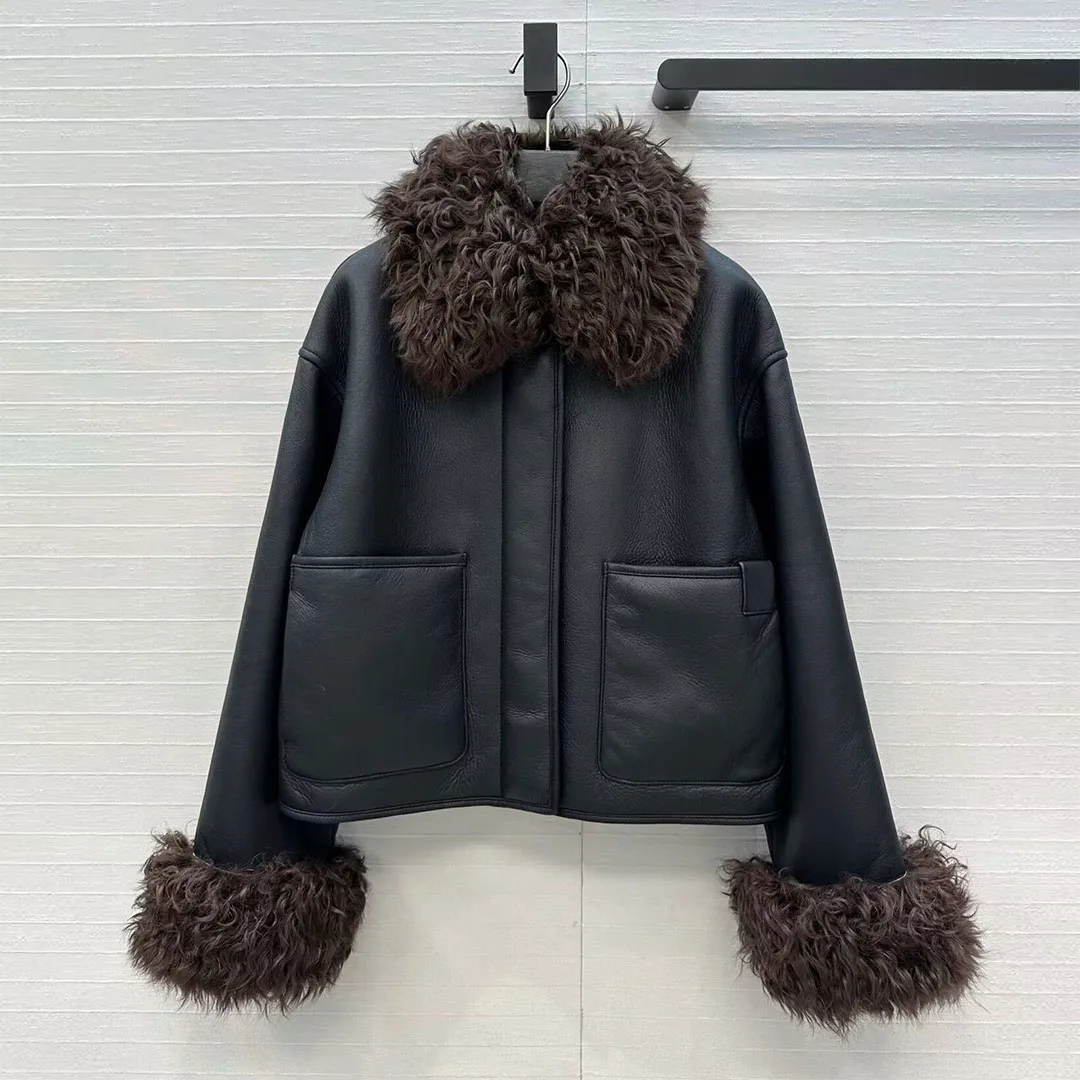 럭셔리 최고급 100% 천연 양가죽 모피 코트 여성용 울 라펠 패치워크 긴 소매 플리스 따뜻한 두꺼운 양면 모피 재킷