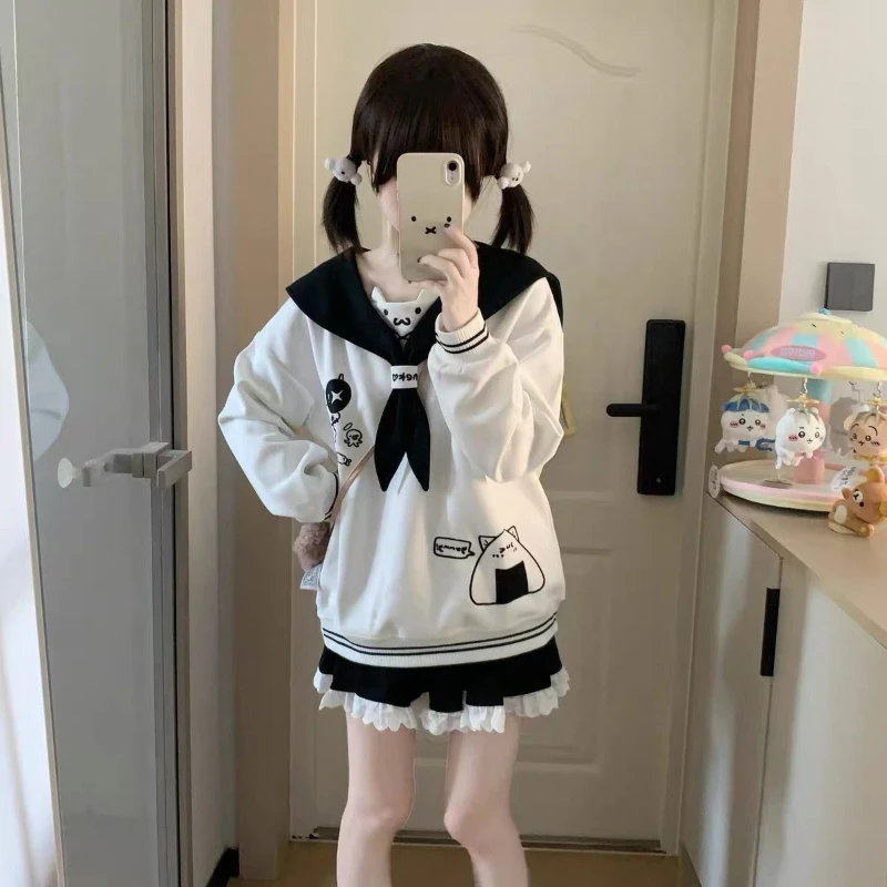 Deeptown Kawaii Japanischer Stil Pullover Damen Harajuku Süßes Cartoon Sweatshirt Cutecore Lolita Oversize Matrosenkragen Pullover
