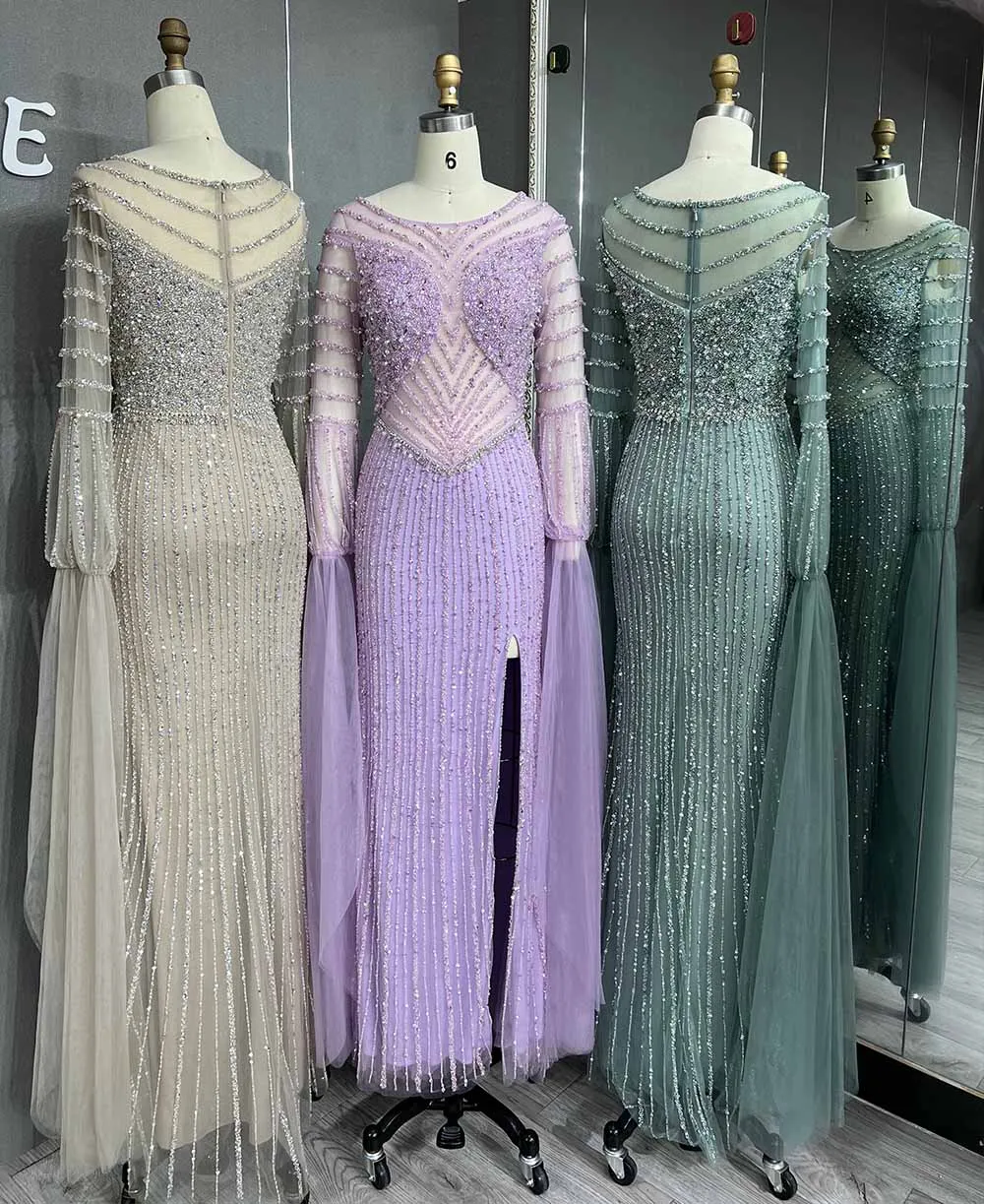 YQLNNE Luxury Sage Handmade Rhinestones Evening Dresses Long Sleeves Mermaid Slit Tulle Beaded Formal Gowns