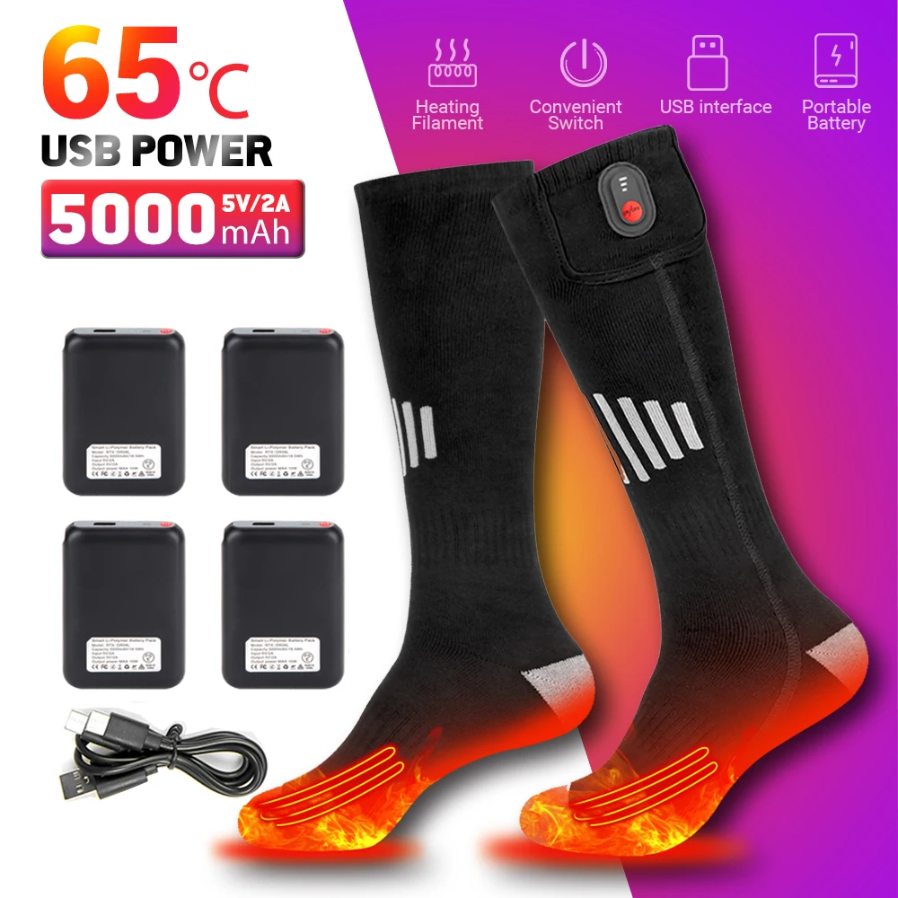 65 ℃   Calcetines Calefactables, Calcetines Térmicos de Invierno con Carga USB de 5000 mAh, Calcetines Calefactables para Esquí al Aire Libre, Botas Calefactables para Moto de Nieve, Calcetines para Esquiar