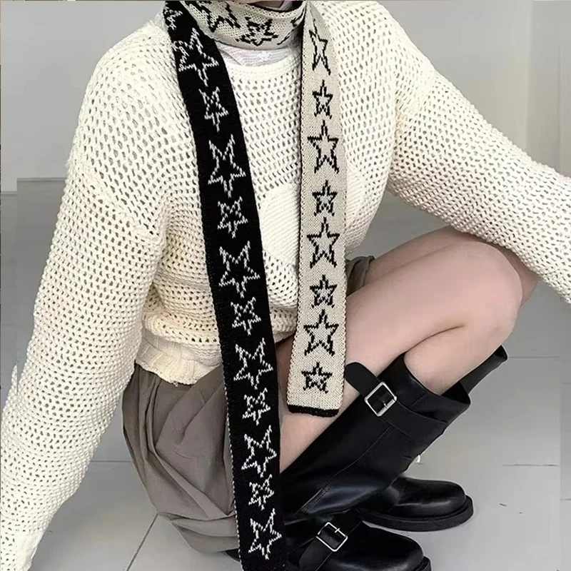 Star Cashmere Scarf Vintage Knitted Narrow Longer Scarf Wome Two Colors Muffler Neck Warmer Y2k Girl Accessories Four Seasons