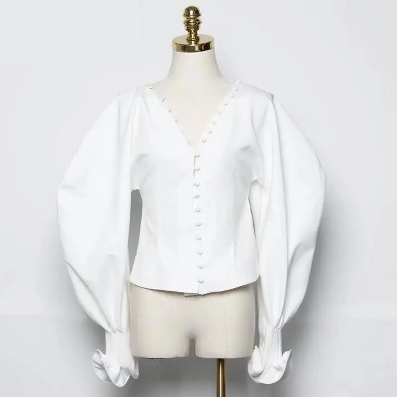 

Yuerwang Women Blouse White Ruffle Shirt Vintage V Neck Women Blouses Lantern Sleeve Women Shirts Top 2022 Spring Girls Blouses