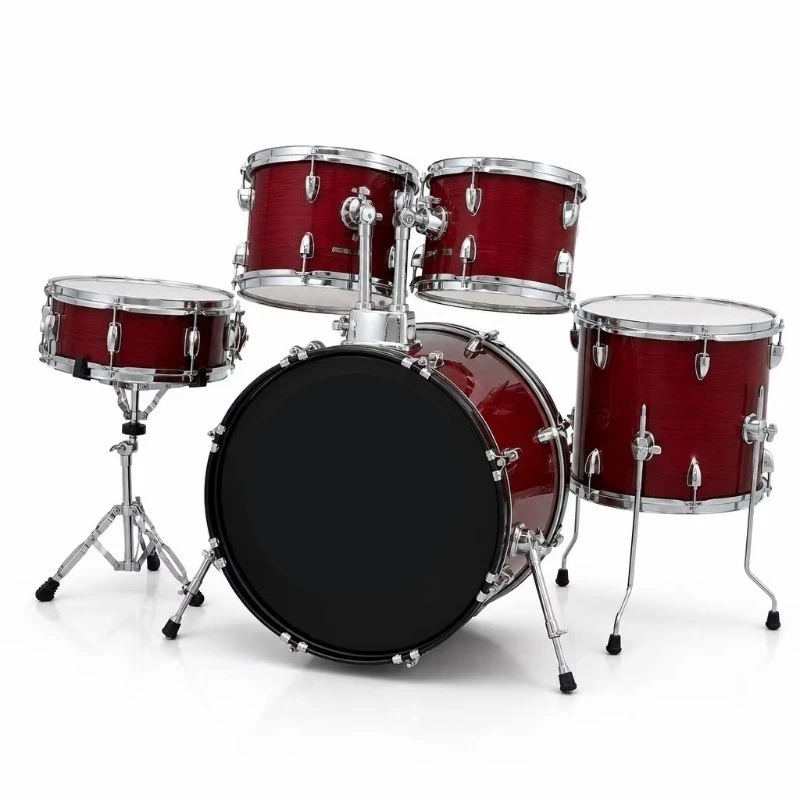 Wood Red 5-Piece Drum Set 3 Brass Cymbals Maple Birch Laminated Shells
