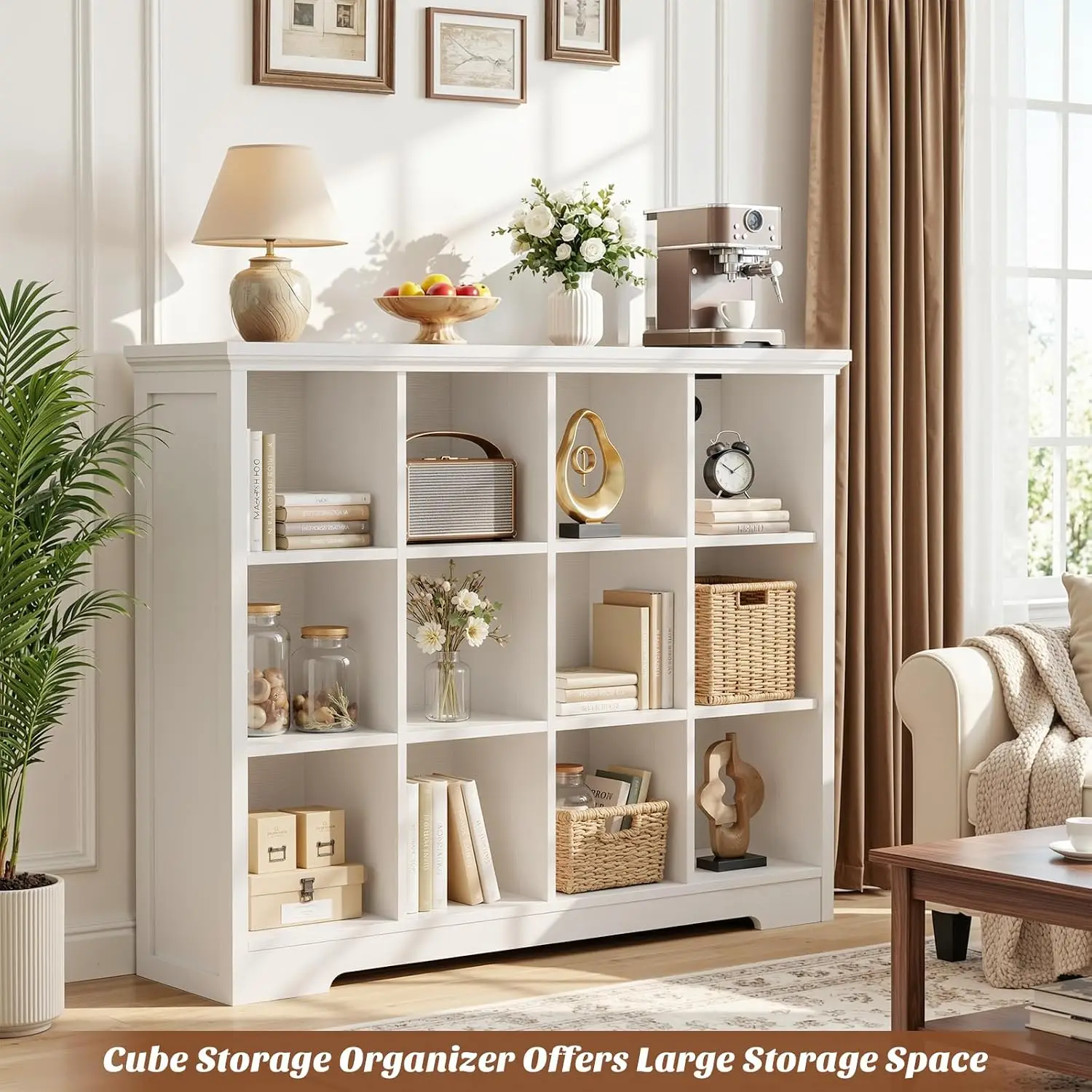 Wooden 12-Cube Storage Organizer with Charging Ports, 4-Tier Open Cubbies Shelf for Home Office, White, Customized