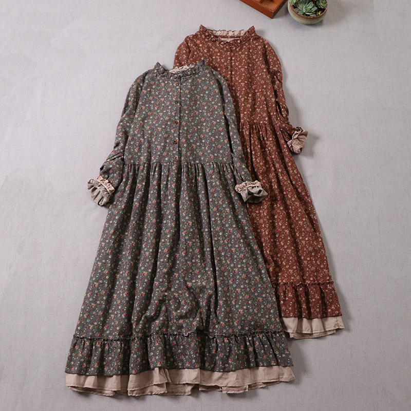 Japanese Mori Girl Vintage Floral Print Ruffled Cotton Dress Women Spring Autumn Long Sleeve Casual Loose Retro A-line Dresses