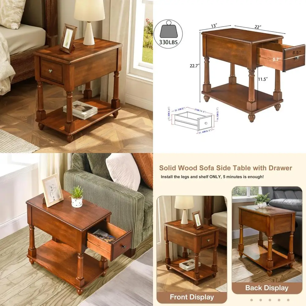 Mesa auxiliar de madera maciza de estilo vintage de mediados de siglo con cajón y estante para espacios habitables modernos