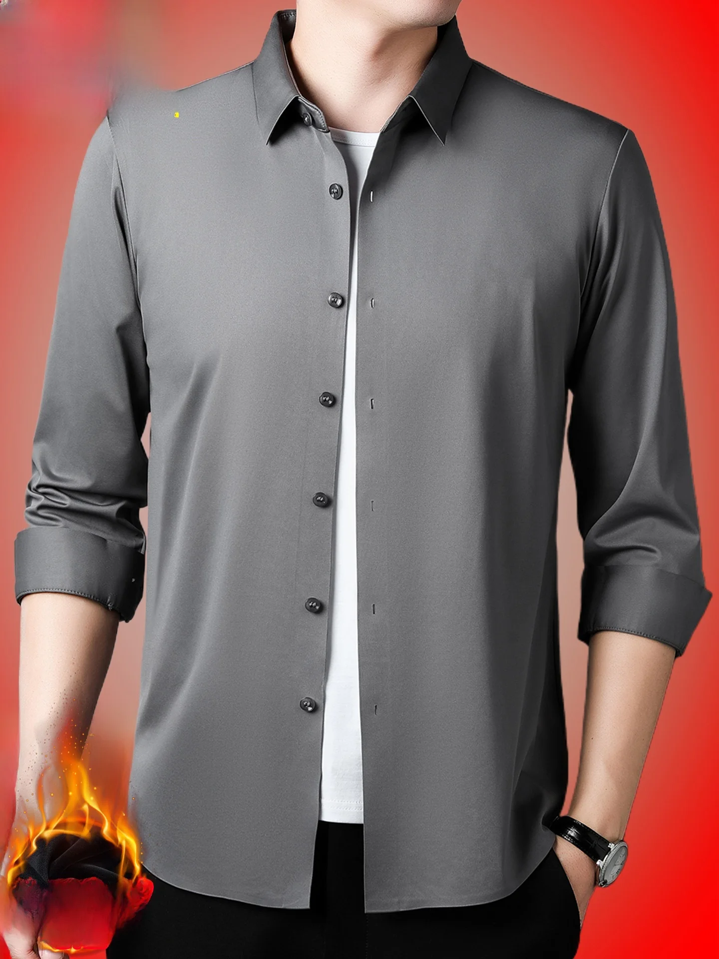 High-End Business Casual Men's Shirt Long Sleeve Fleece Lined Silk Leisure Fashion City Style Anti-Wrinkle Iron-Free Autumn W...
