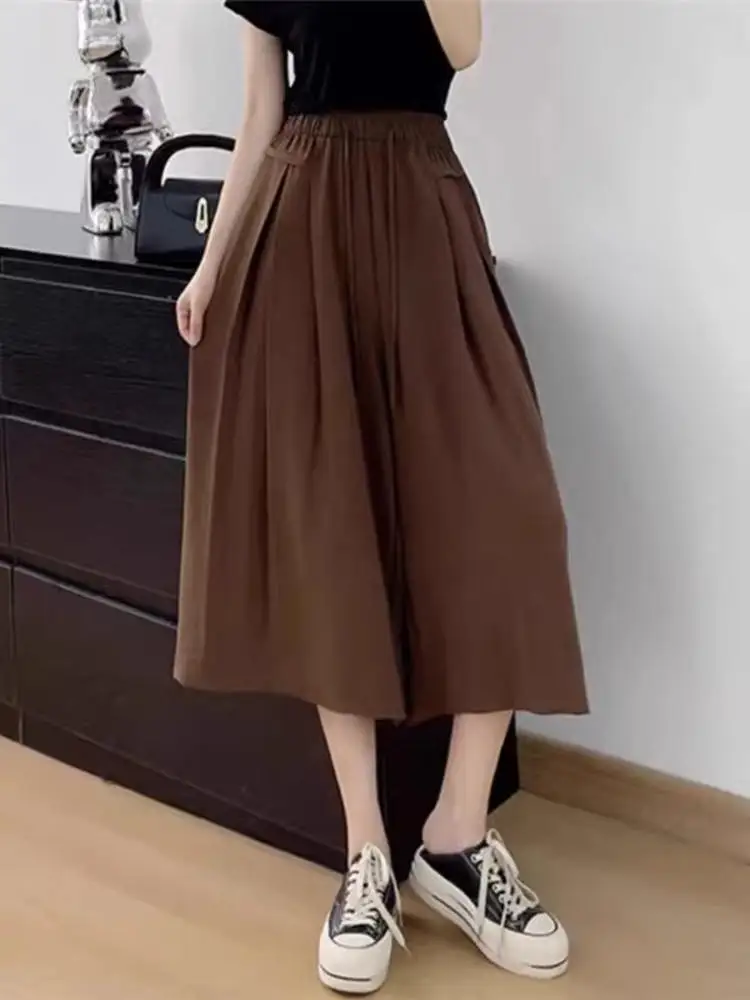 الحرير الجليد بنطال ذو قصة أرجل واسعة المرأة الصيف تنورة رقيقة السراويل جديد Sle 2025 فضفاض عالية الخصر التخسيس سبعة أرباع بناطيل كاجوال #2