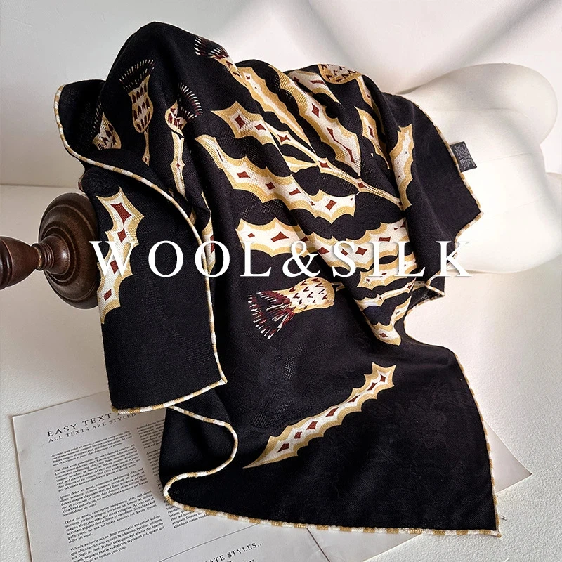 

2026 Wool Silk Scarf Luxury Brand Black Print Neck Scarves for Women 70% Wool 30% Silk Winter Men Scarf Designer Accessories