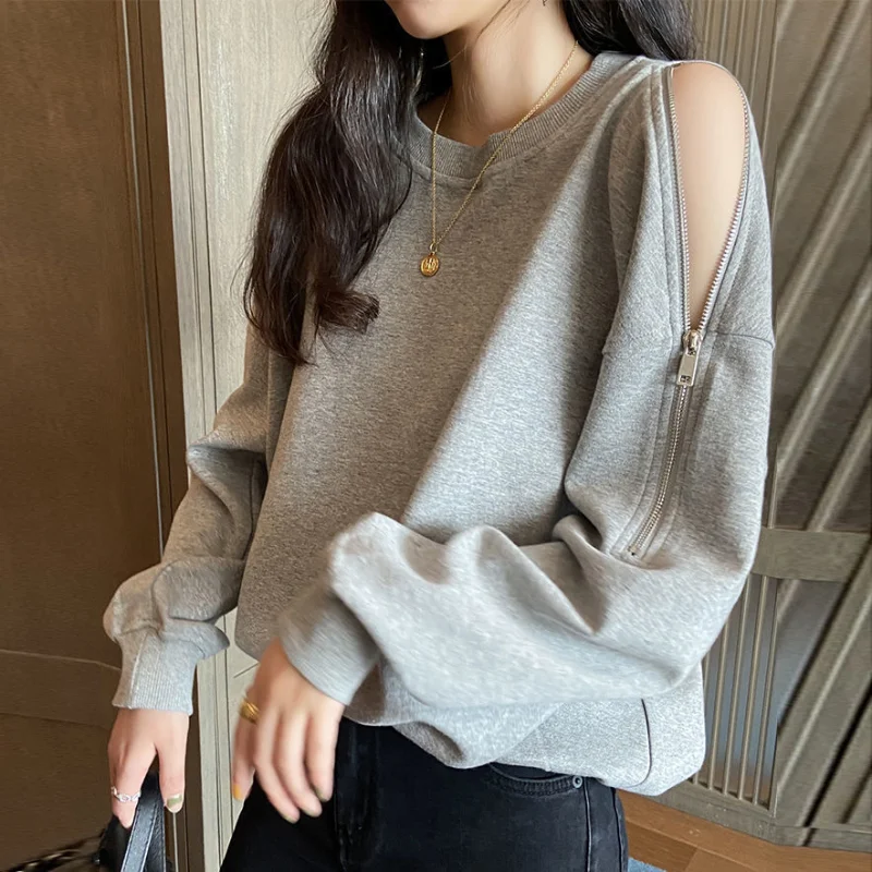 

Spring Autumn New Sexy Off Shoulder Zipper T Shirts Long Sleeve O-neck Solid Color Loose Tops Tees Trend Casual Women Clothing