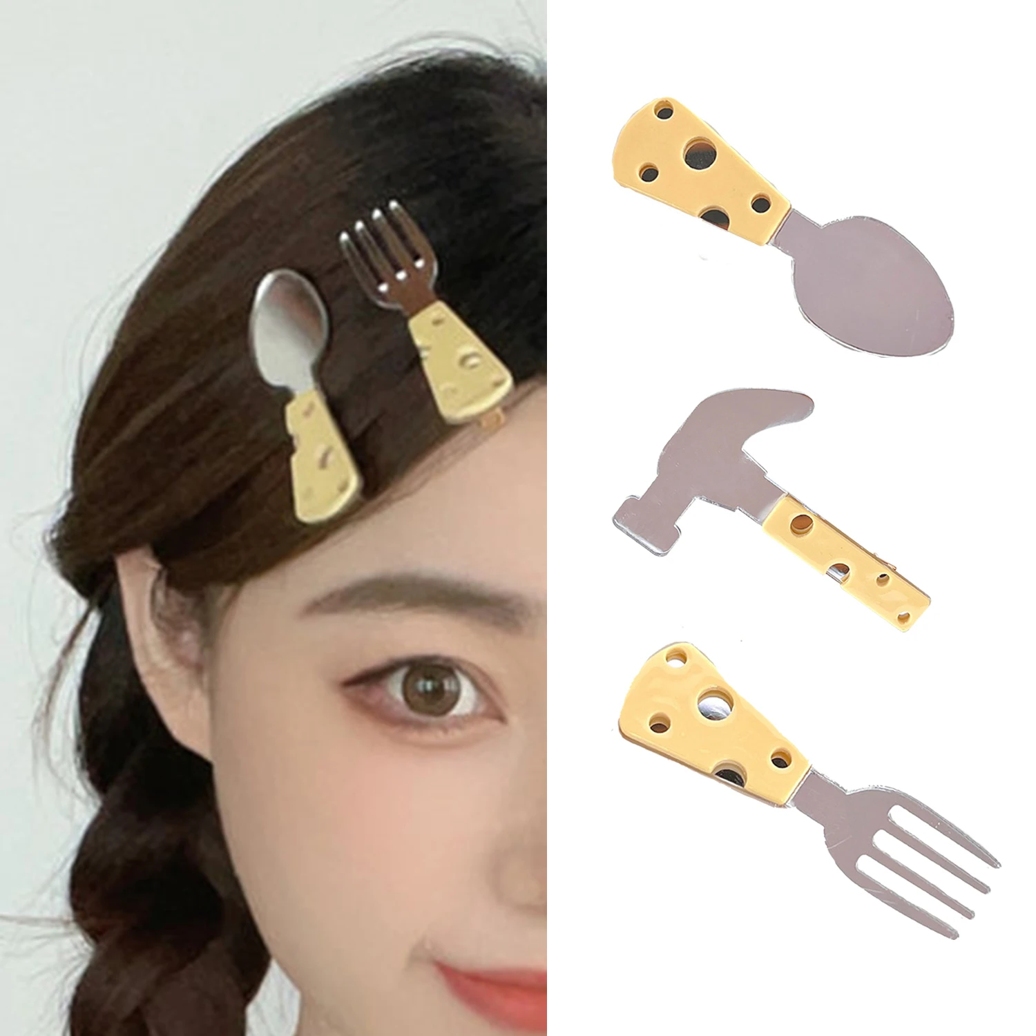 Fashion Cute Knife And Fork Shape Hairpin Hair Clip Creative Plastic Mirror Cheese Handle Hair Clip Headwear Hair Accessories