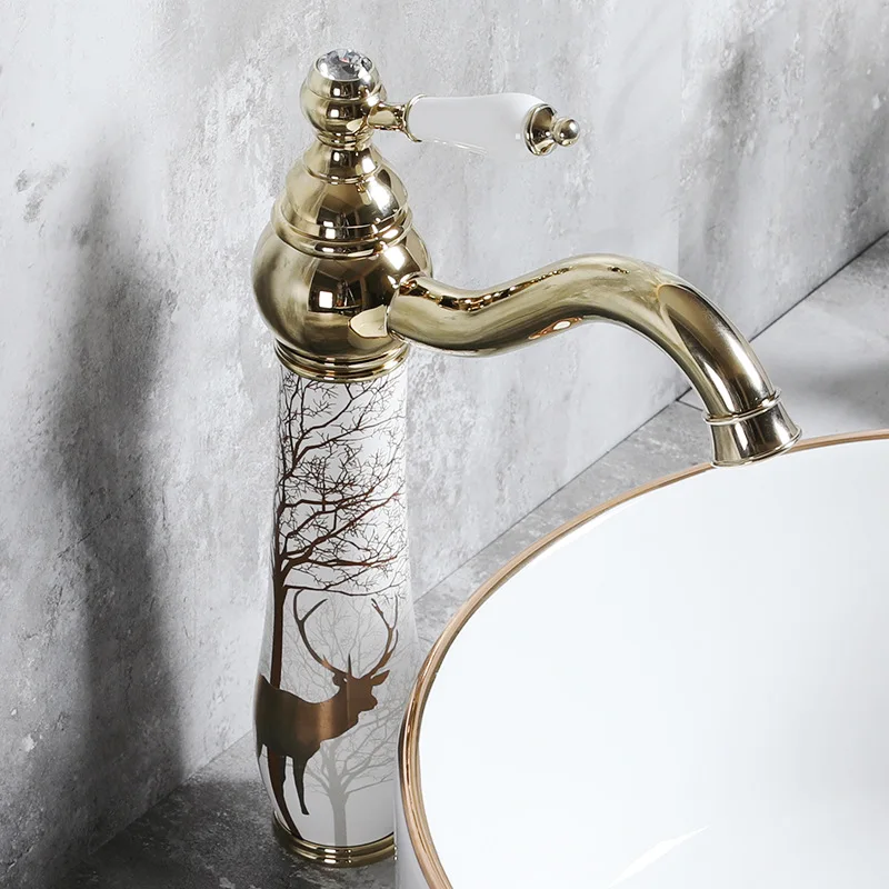 European style color gold ceramic faucet color personality creative all-copper heating electroplating wash basin washbas