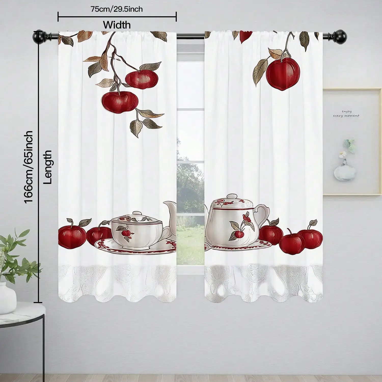 Apple Print Curtain, Farmhouse Teapot Tea Set Blackout Curtains, Country Style Fruit Branch Window Drapes for Kitchen, 2 Panels
