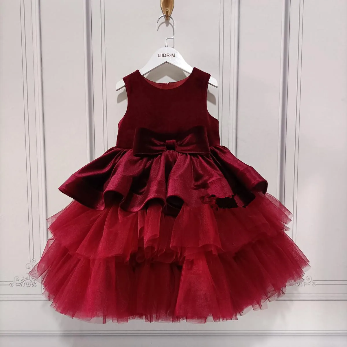 

Baby Girls' Wedding Birthday Party dress Wine red velvet new year 2025 Children's bow tutu Princess Ball Dress