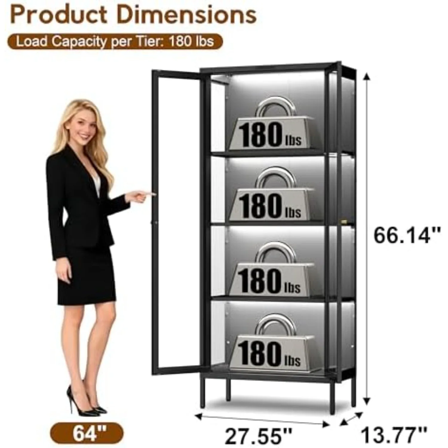 Display Cabinet with Glass Doors, Glass Display Cabinet with 8 Color LED Lights, Curio Display Cabinet with 3 Shelves view 2
