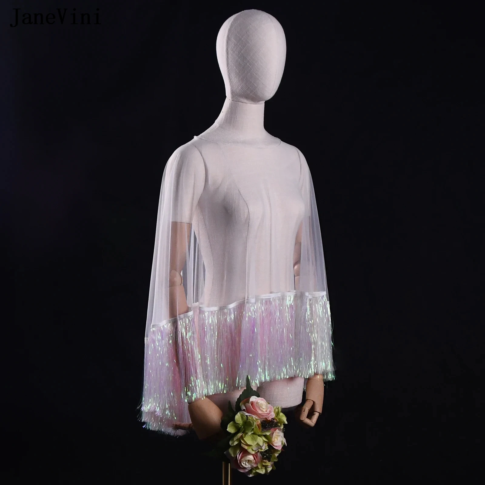 JaneVini Fashion Colorful Tassels White Bridal Shawls Wraps Summer Tulle Wedding Cape Cloak Evening Party Women's Shrug Jacket