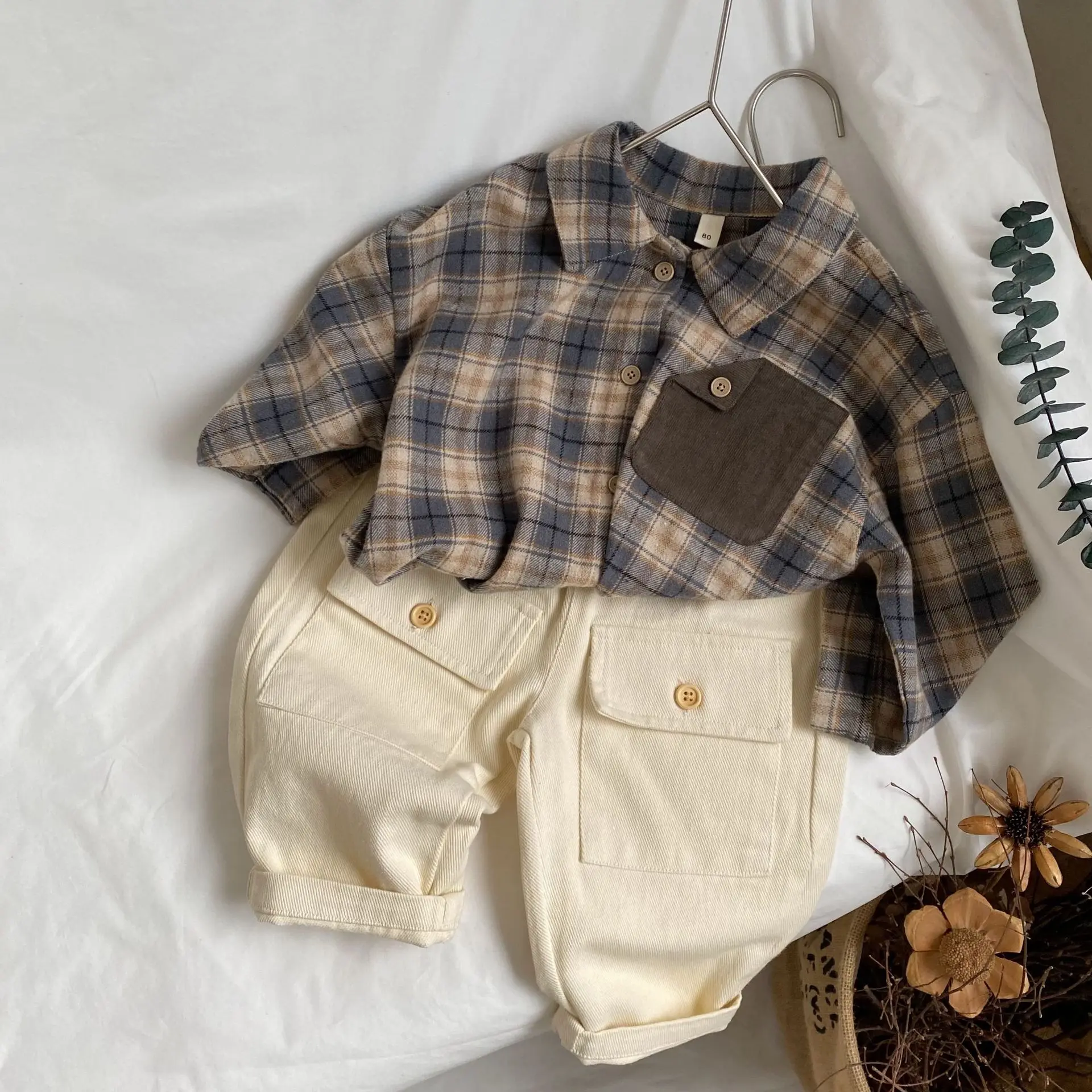 2024 Spring New Baby Retro Pocket Long Sleeves Shirt Girl Children Plaid Casual Blouses Kids Boys Lapel Cotton Thin Coat Clothes