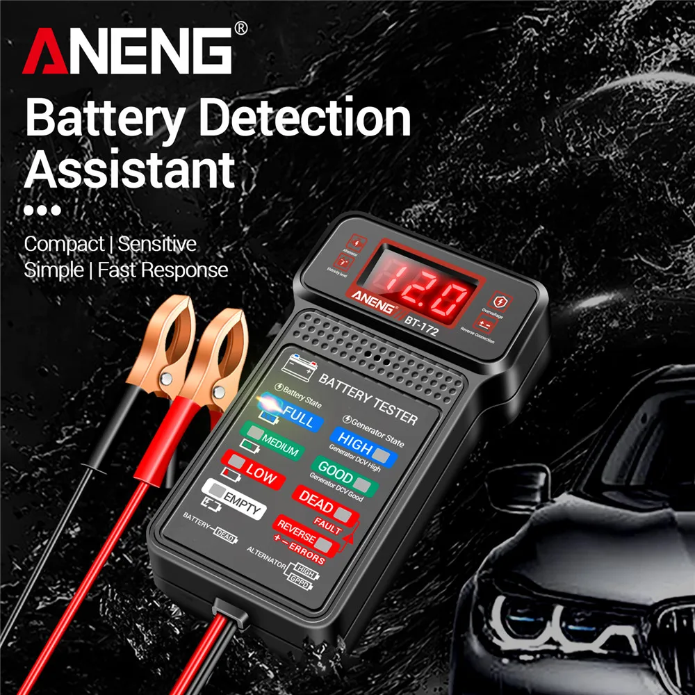 ANENG BT-172 Car Battery Tester 12V with LED Indicator Alligator Clips - Precise Digital Display for Battery Health Check Tool
