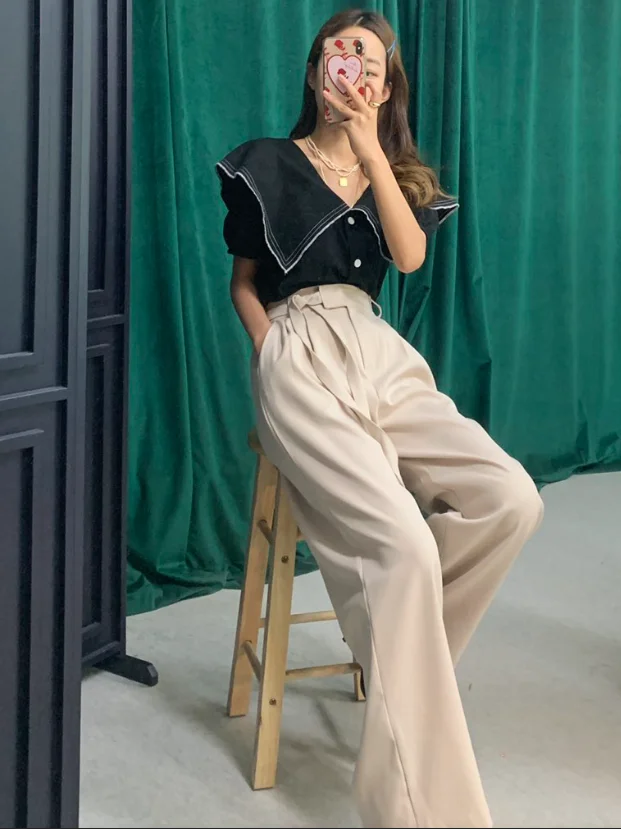 

Retro Briti Sle Wide Leg Pants Casual Belted Visual Lengthening Slimming Simple Versatile Comfortable Summer Faion