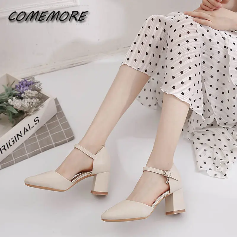 2023 Spring New Single Shoes Block Mid Heels Women\'s Pumps Ankle Strap Buckle Pointed Toe Footware for Office Lady Beige Apricot