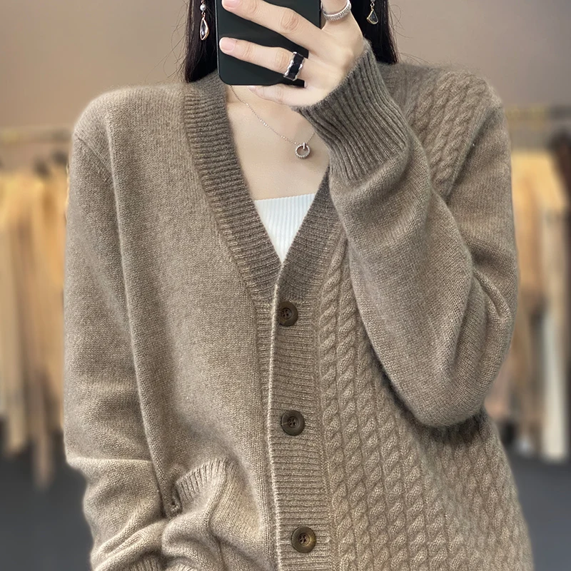 Korean V-Neck 100% Pure Wool Knitted Cardigan Jacket Women\'s 2023 Autumn Winter New Loose Thicken Warm Cashmere Sweater Coat Top