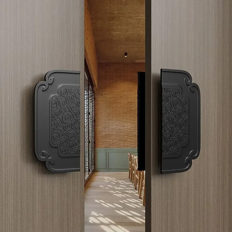 Vintage Black Glass Door Handle with Auspicious Cloud Engraving Solid Semicircular Pull for Hotel Meeting Room Cabinet