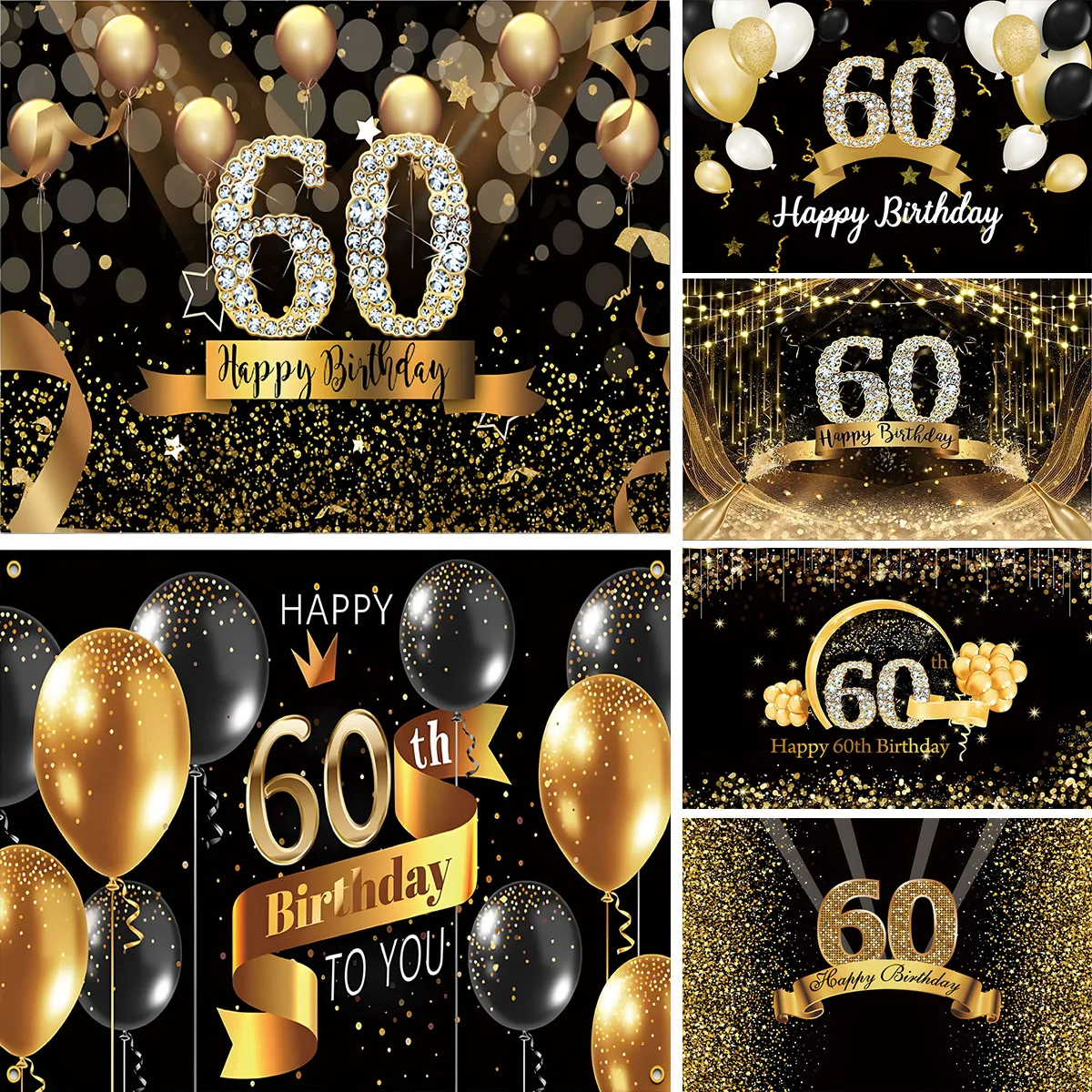 Happy 60th Birthday Backdrop Men Navy Blue Glitter Gold Sixty Years Background Shiny 60 Anniversary Party Decoration Photo Props