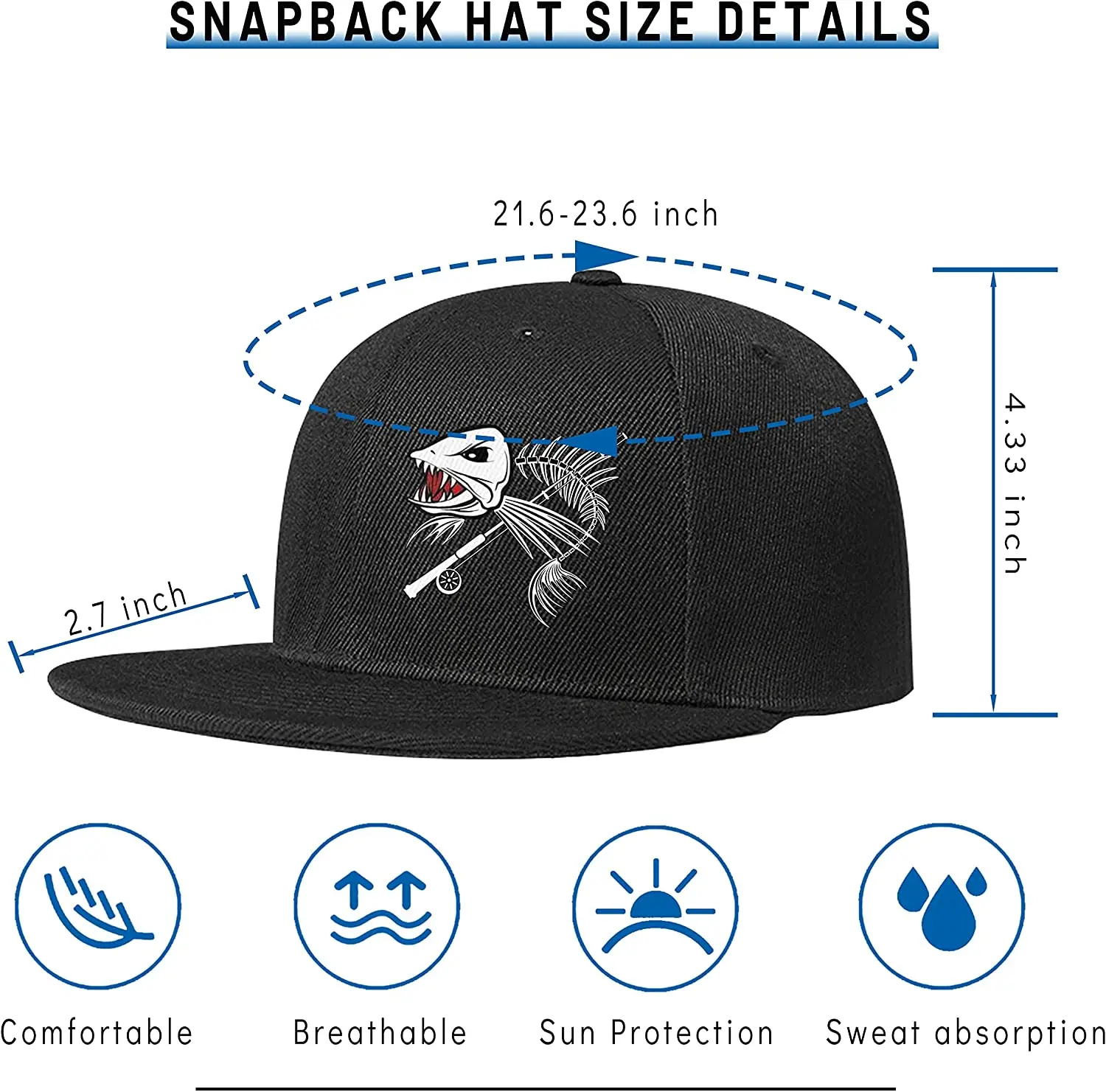 Fish Bone Mens Snapback Hats Softball Theme Sports Baseball Cap for Men Flat Bill Hat for Boys Fitted Hats Snap Backpack Casual